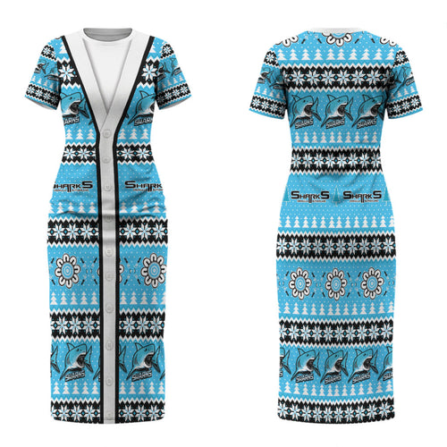 Sharks Rugby Christmas Family Matching Short Sleeve Bodycon Dress and Hawaiian Shirt Aboriginal Seamless Cardigan Inspired