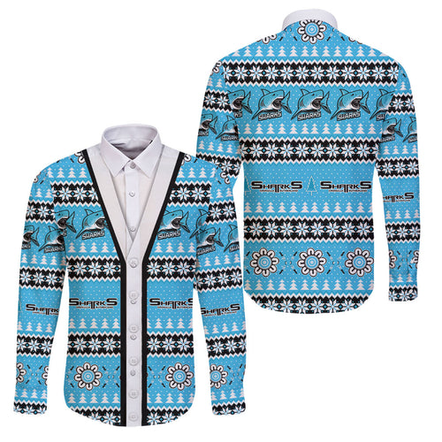 Sharks Rugby Christmas Family Matching Short Sleeve Bodycon Dress and Hawaiian Shirt Aboriginal Seamless Cardigan Inspired