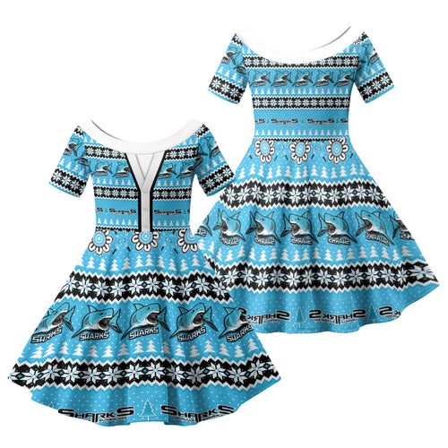 Sharks Rugby Christmas Family Matching Short Sleeve Bodycon Dress and Hawaiian Shirt Aboriginal Seamless Cardigan Inspired