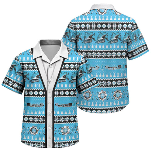 Sharks Rugby Christmas Family Matching Short Sleeve Bodycon Dress and Hawaiian Shirt Aboriginal Seamless Cardigan Inspired