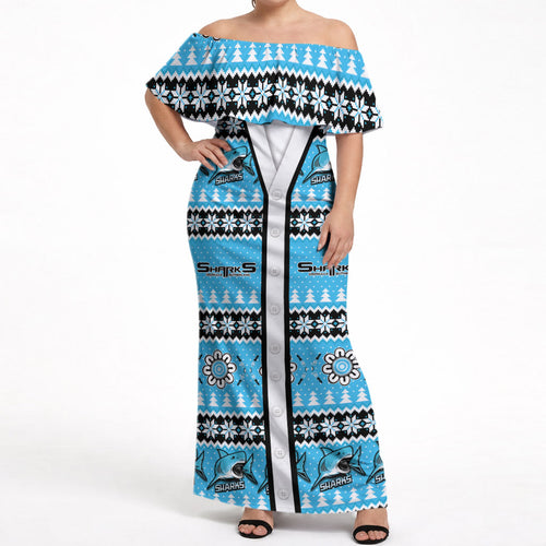 Sharks Rugby Christmas Off Shoulder Maxi Dress Aboriginal Seamless Cardigan Inspired