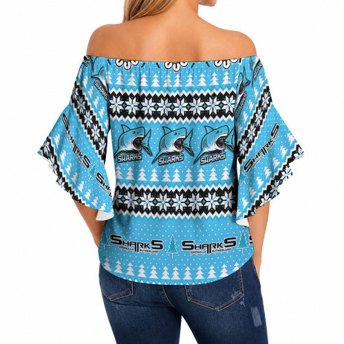 Sharks Rugby Christmas Off Shoulder Wrap Waist Top Aboriginal Seamless Cardigan Inspired