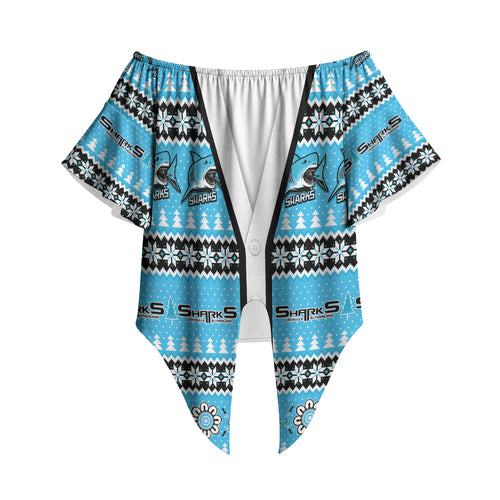 Sharks Rugby Christmas Off Shoulder Wrap Waist Top Aboriginal Seamless Cardigan Inspired