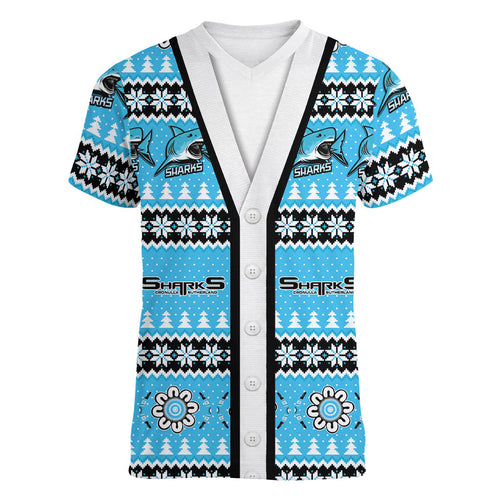Sharks Rugby Christmas Women V-Neck T-Shirt Aboriginal Seamless Cardigan Inspired