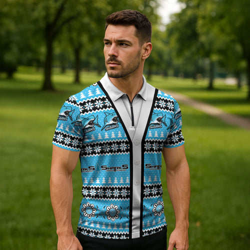 Sharks Rugby Christmas Zipper Polo Shirt Aboriginal Seamless Cardigan Inspired