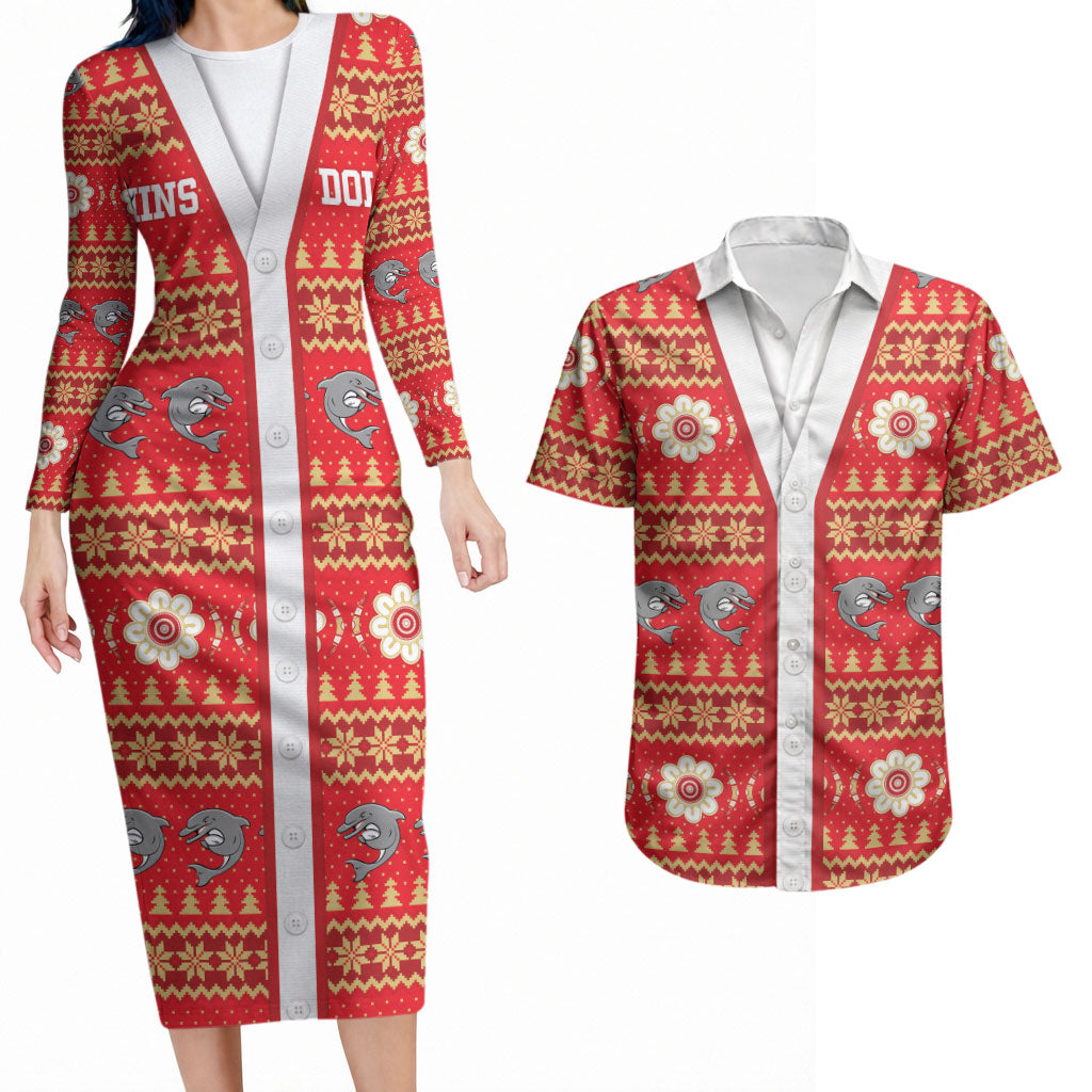 Dolphins Rugby Christmas Couples Matching Long Sleeve Bodycon Dress and Hawaiian Shirt Aboriginal Seamless Cardigan Inspired