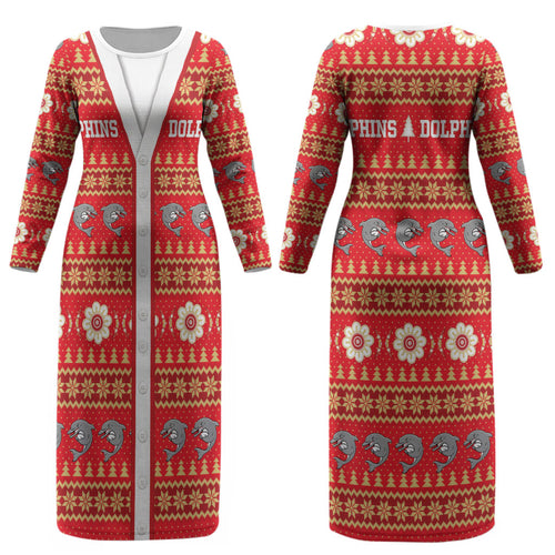 Dolphins Rugby Christmas Couples Matching Long Sleeve Bodycon Dress and Hawaiian Shirt Aboriginal Seamless Cardigan Inspired
