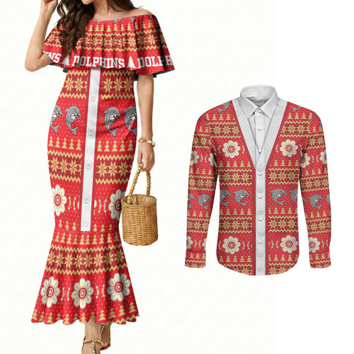 Dolphins Rugby Christmas Couples Matching Mermaid Dress and Long Sleeve Button Shirt Aboriginal Seamless Cardigan Inspired