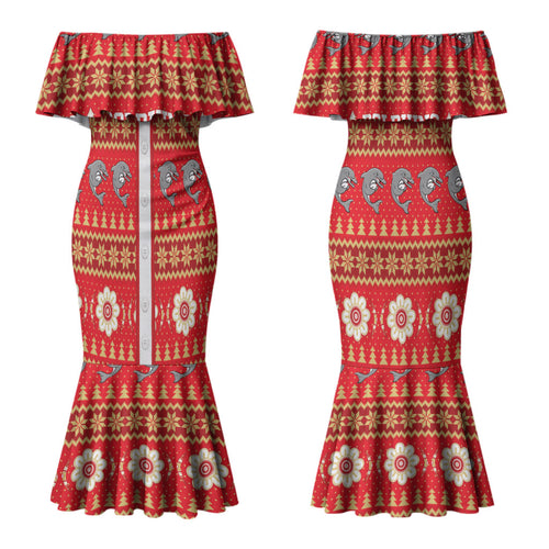 Dolphins Rugby Christmas Couples Matching Mermaid Dress and Long Sleeve Button Shirt Aboriginal Seamless Cardigan Inspired