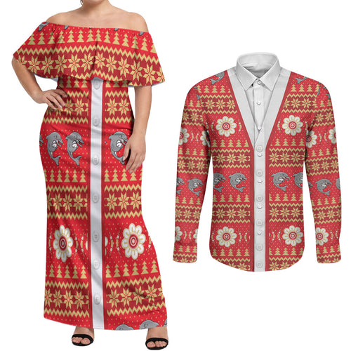 Dolphins Rugby Christmas Couples Matching Off Shoulder Maxi Dress and Long Sleeve Button Shirt Aboriginal Seamless Cardigan Inspired