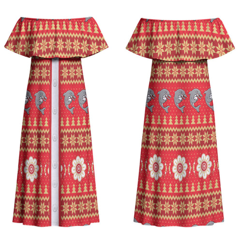 Dolphins Rugby Christmas Couples Matching Off Shoulder Maxi Dress and Long Sleeve Button Shirt Aboriginal Seamless Cardigan Inspired
