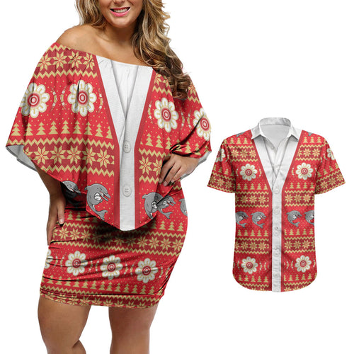 Dolphins Rugby Christmas Couples Matching Off Shoulder Short Dress and Hawaiian Shirt Aboriginal Seamless Cardigan Inspired