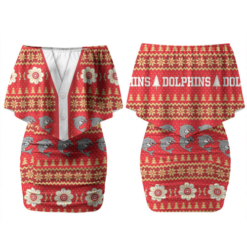 Dolphins Rugby Christmas Couples Matching Off Shoulder Short Dress and Long Sleeve Button Shirt Aboriginal Seamless Cardigan Inspired
