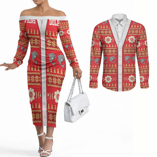 Dolphins Rugby Christmas Couples Matching Off The Shoulder Long Sleeve Dress and Long Sleeve Button Shirt Aboriginal Seamless Cardigan Inspired