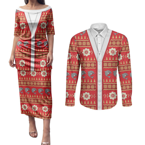 Dolphins Rugby Christmas Couples Matching Puletasi and Long Sleeve Button Shirt Aboriginal Seamless Cardigan Inspired