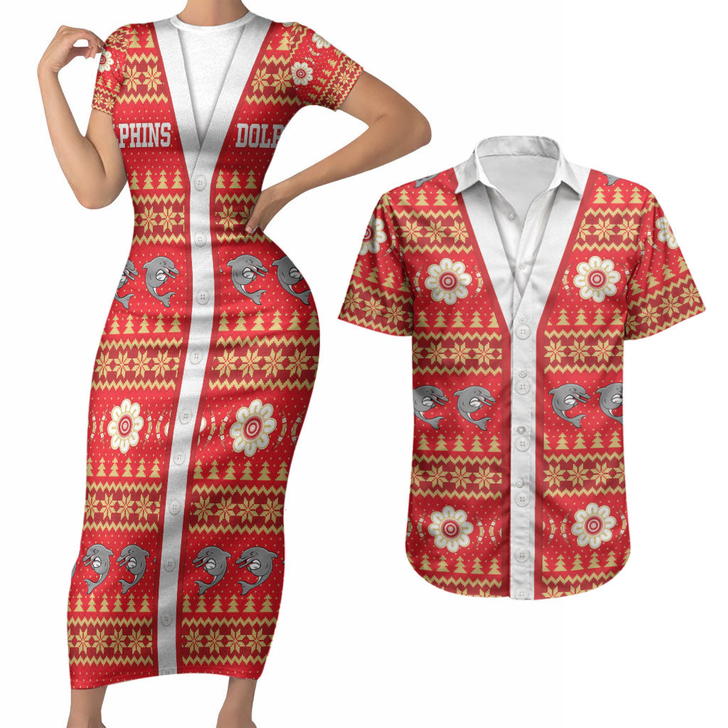 Dolphins Rugby Christmas Couples Matching Short Sleeve Bodycon Dress and Hawaiian Shirt Aboriginal Seamless Cardigan Inspired