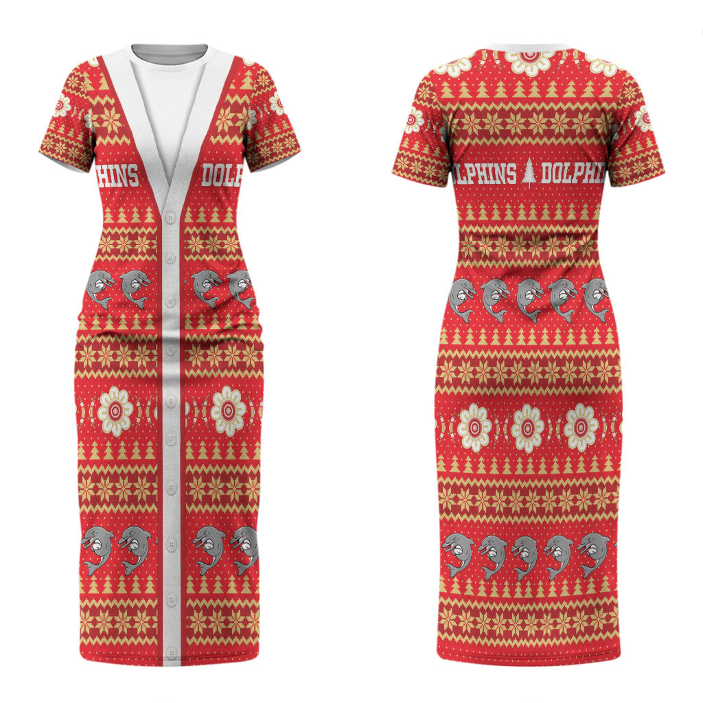 Dolphins Rugby Christmas Couples Matching Short Sleeve Bodycon Dress and Hawaiian Shirt Aboriginal Seamless Cardigan Inspired