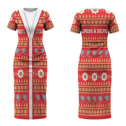Dolphins Rugby Christmas Couples Matching Short Sleeve Bodycon Dress and Hawaiian Shirt Aboriginal Seamless Cardigan Inspired