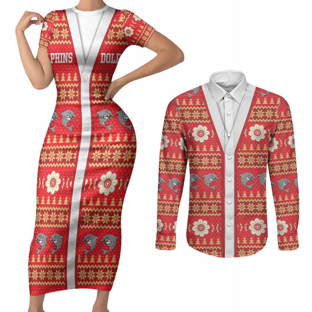 Dolphins Rugby Christmas Couples Matching Short Sleeve Bodycon Dress and Long Sleeve Button Shirt Aboriginal Seamless Cardigan Inspired
