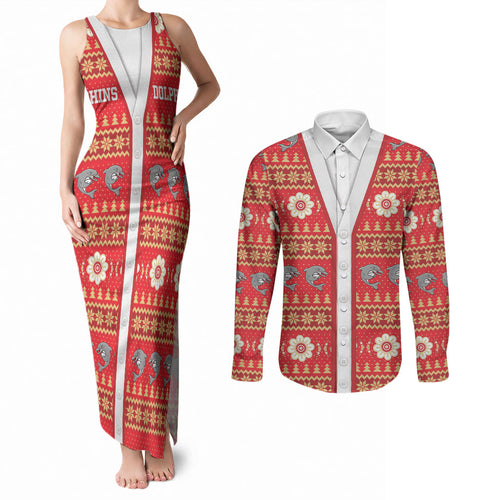 Dolphins Rugby Christmas Couples Matching Tank Maxi Dress and Long Sleeve Button Shirt Aboriginal Seamless Cardigan Inspired