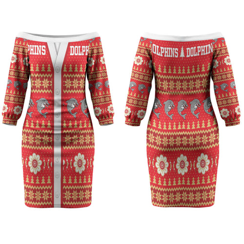 Dolphins Rugby Christmas Family Matching Off The Shoulder Long Sleeve Dress and Hawaiian Shirt Aboriginal Seamless Cardigan Inspired