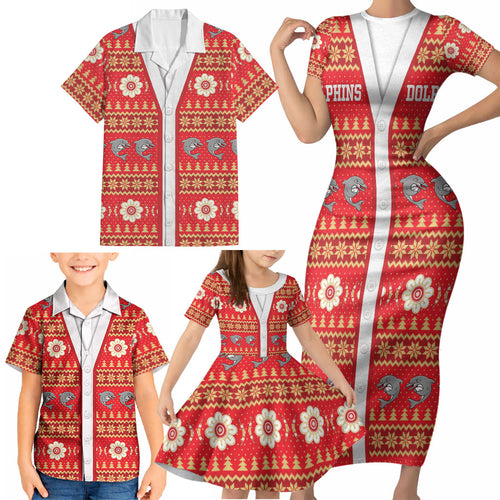 Dolphins Rugby Christmas Family Matching Short Sleeve Bodycon Dress and Hawaiian Shirt Aboriginal Seamless Cardigan Inspired