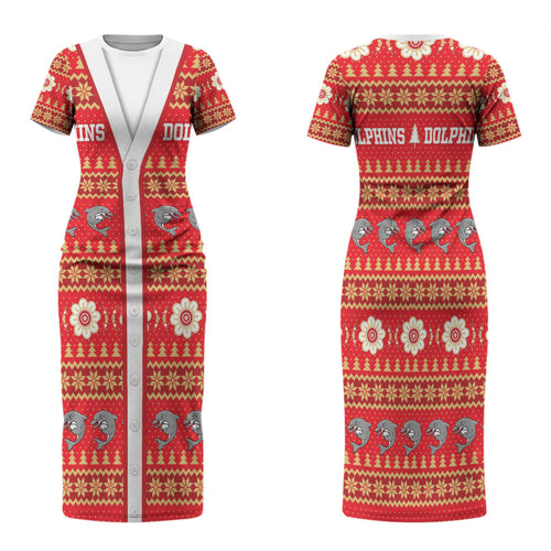 Dolphins Rugby Christmas Family Matching Short Sleeve Bodycon Dress and Hawaiian Shirt Aboriginal Seamless Cardigan Inspired