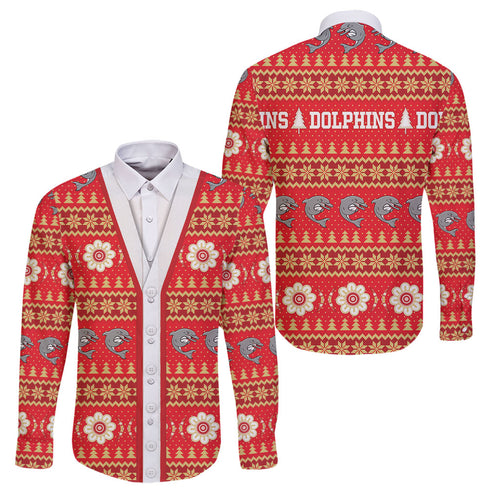 Dolphins Rugby Christmas Family Matching Short Sleeve Bodycon Dress and Hawaiian Shirt Aboriginal Seamless Cardigan Inspired