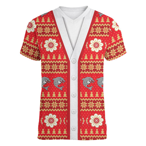 Dolphins Rugby Christmas Women V-Neck T-Shirt Aboriginal Seamless Cardigan Inspired