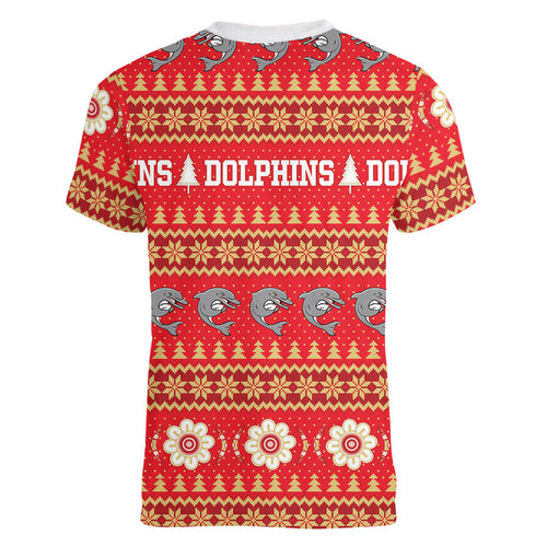 Dolphins Rugby Christmas Women V-Neck T-Shirt Aboriginal Seamless Cardigan Inspired