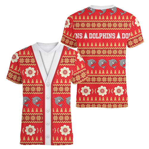 Dolphins Rugby Christmas Women V-Neck T-Shirt Aboriginal Seamless Cardigan Inspired