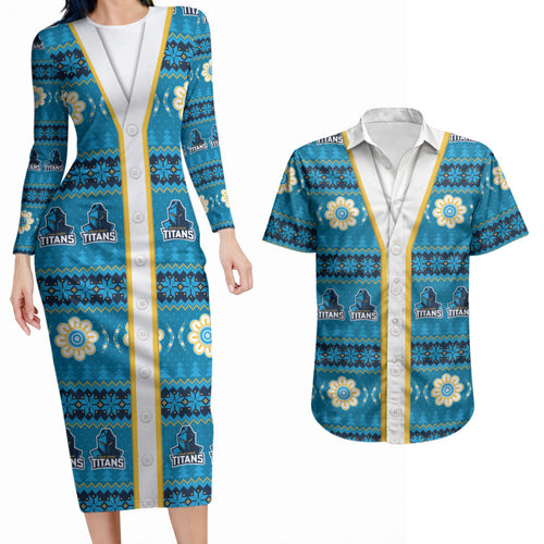 Titans Rugby Christmas Couples Matching Long Sleeve Bodycon Dress and Hawaiian Shirt Aboriginal Seamless Cardigan Inspired