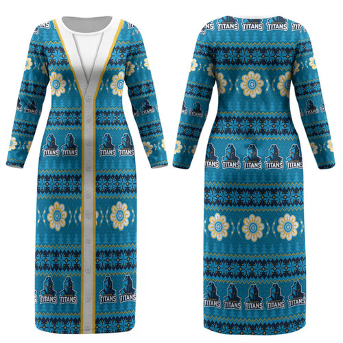 Titans Rugby Christmas Couples Matching Long Sleeve Bodycon Dress and Hawaiian Shirt Aboriginal Seamless Cardigan Inspired