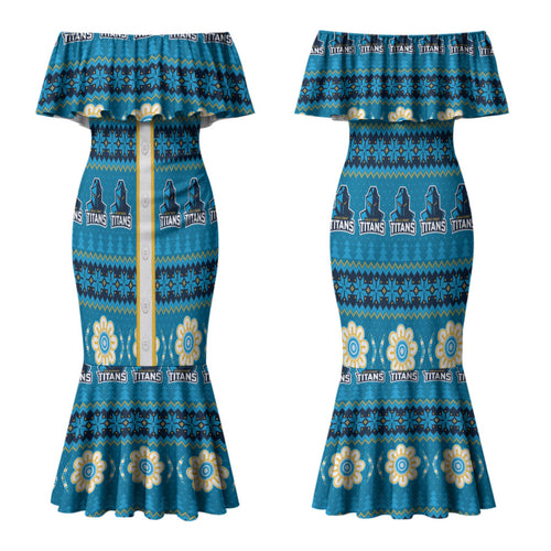 Titans Rugby Christmas Couples Matching Mermaid Dress and Hawaiian Shirt Aboriginal Seamless Cardigan Inspired