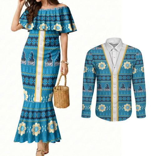 Titans Rugby Christmas Couples Matching Mermaid Dress and Long Sleeve Button Shirt Aboriginal Seamless Cardigan Inspired