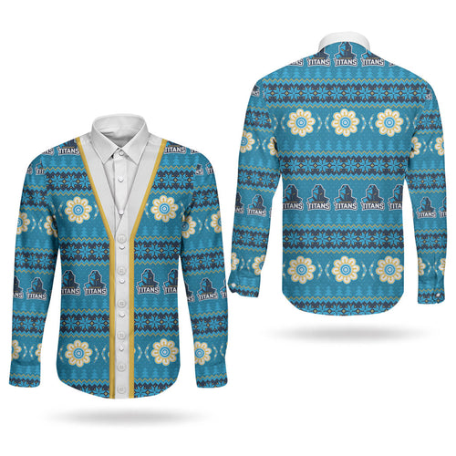 Titans Rugby Christmas Couples Matching Mermaid Dress and Long Sleeve Button Shirt Aboriginal Seamless Cardigan Inspired