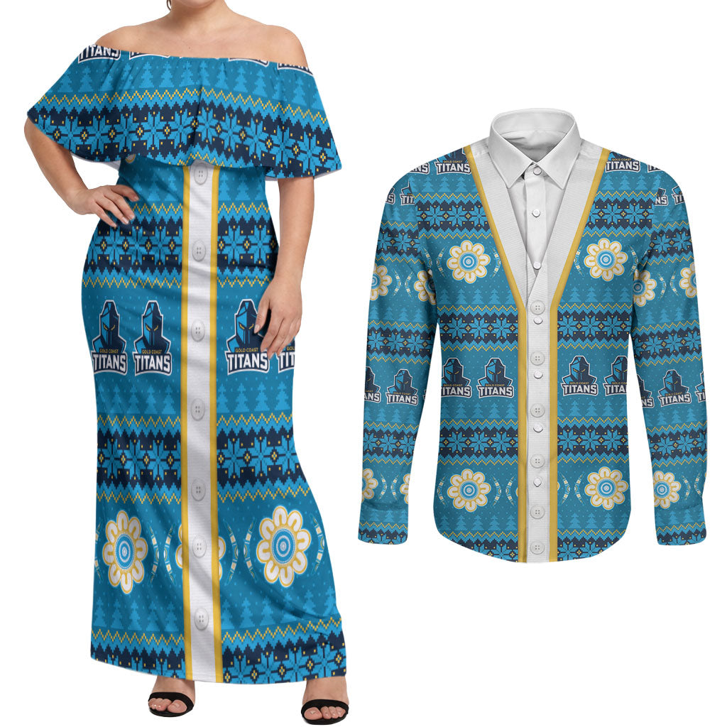 Titans Rugby Christmas Couples Matching Off Shoulder Maxi Dress and Long Sleeve Button Shirt Aboriginal Seamless Cardigan Inspired