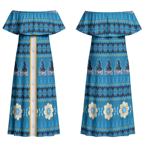 Titans Rugby Christmas Couples Matching Off Shoulder Maxi Dress and Long Sleeve Button Shirt Aboriginal Seamless Cardigan Inspired