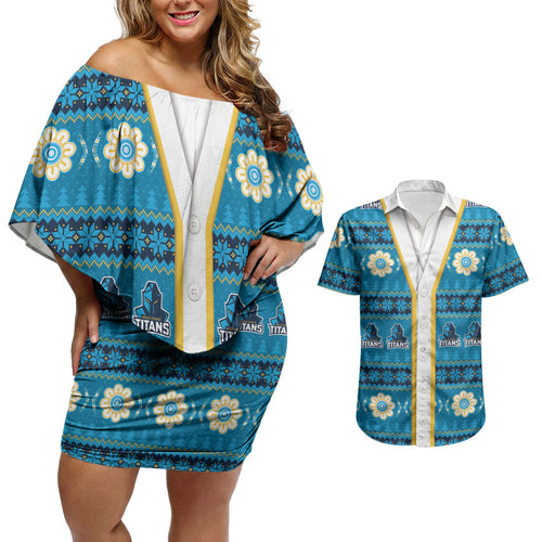 Titans Rugby Christmas Couples Matching Off Shoulder Short Dress and Hawaiian Shirt Aboriginal Seamless Cardigan Inspired
