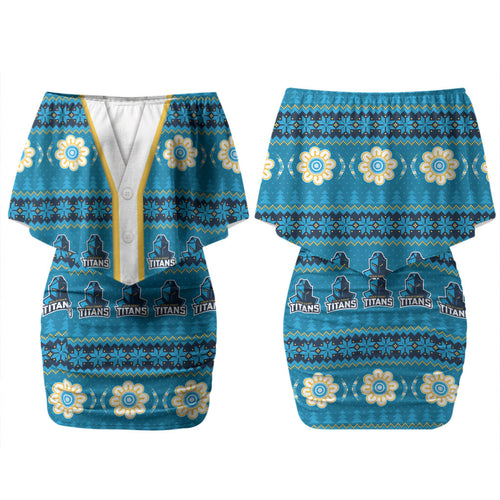 Titans Rugby Christmas Couples Matching Off Shoulder Short Dress and Hawaiian Shirt Aboriginal Seamless Cardigan Inspired