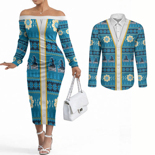 Titans Rugby Christmas Couples Matching Off The Shoulder Long Sleeve Dress and Long Sleeve Button Shirt Aboriginal Seamless Cardigan Inspired