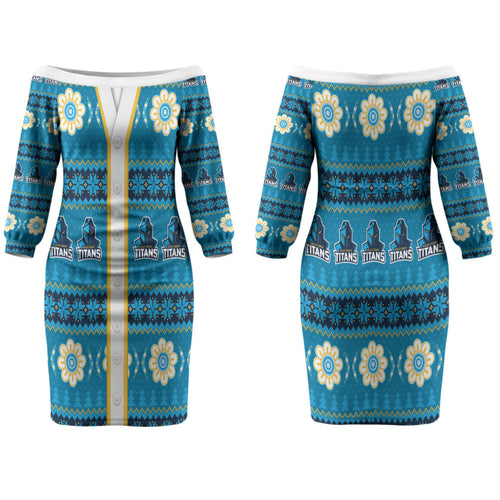Titans Rugby Christmas Couples Matching Off The Shoulder Long Sleeve Dress and Long Sleeve Button Shirt Aboriginal Seamless Cardigan Inspired
