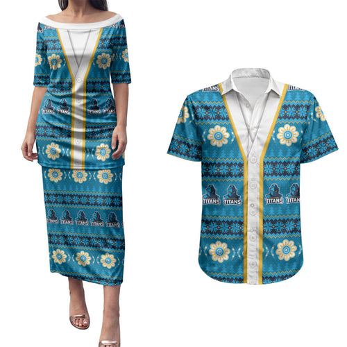 Titans Rugby Christmas Couples Matching Puletasi and Hawaiian Shirt Aboriginal Seamless Cardigan Inspired