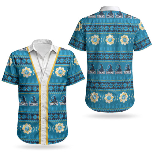 Titans Rugby Christmas Couples Matching Puletasi and Hawaiian Shirt Aboriginal Seamless Cardigan Inspired
