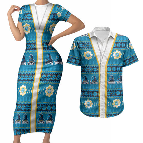 Titans Rugby Christmas Couples Matching Short Sleeve Bodycon Dress and Hawaiian Shirt Aboriginal Seamless Cardigan Inspired