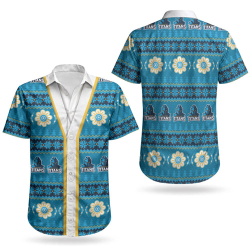 Titans Rugby Christmas Couples Matching Short Sleeve Bodycon Dress and Hawaiian Shirt Aboriginal Seamless Cardigan Inspired