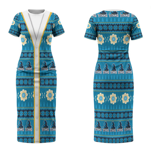 Titans Rugby Christmas Couples Matching Short Sleeve Bodycon Dress and Hawaiian Shirt Aboriginal Seamless Cardigan Inspired