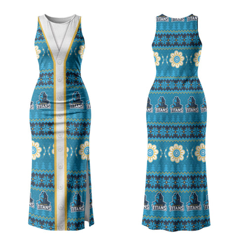 Titans Rugby Christmas Couples Matching Tank Maxi Dress and Long Sleeve Button Shirt Aboriginal Seamless Cardigan Inspired