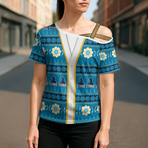 Titans Rugby Christmas Cross Shoulder Shirt Aboriginal Seamless Cardigan Inspired