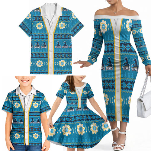 Titans Rugby Christmas Family Matching Off The Shoulder Long Sleeve Dress and Hawaiian Shirt Aboriginal Seamless Cardigan Inspired